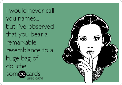 I would never call
you names... 
but I've observed
that you bear a
remarkable
resemblance to a
huge bag of
douche.