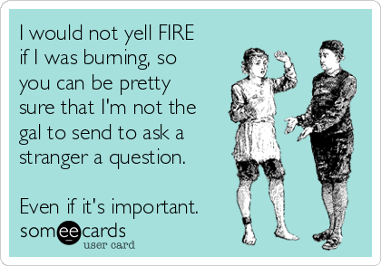 I would not yell FIRE
if I was burning, so
you can be pretty
sure that I'm not the
gal to send to ask a 
stranger a question.

Even if it's important. 