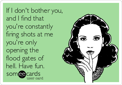 If I don't bother you,
and I find that
you're constantly
firing shots at me
you're only
opening the
flood gates of
hell. Have fun.