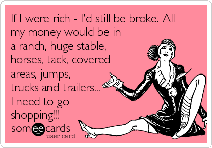 If I were rich - I'd still be broke. All
my money would be in
a ranch, huge stable,
horses, tack, covered
areas, jumps,
trucks and trailers...
I need to go
shopping!!! 