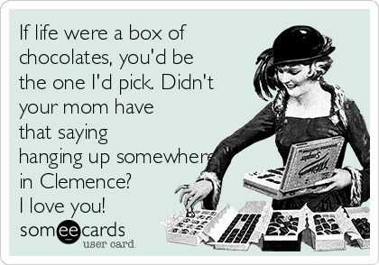 If life were a box of
chocolates, you'd be
the one I'd pick. Didn't
your mom have
that saying
hanging up somewhere
in Clemence?
I love you!