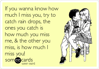 If you wanna know how
much I miss you, try to
catch rain drops, the
ones you catch is
how much you miss
me, & the other you
miss, is how much I
miss you!  