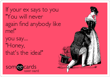 If your ex says to you
"You will never
again find anybody like
me!"
you say.... 
"Honey,
that's the idea!"