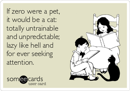 If zero were a pet, 
it would be a cat:
totally untrainable
and unpredictable;
lazy like hell and
for ever seeking
attention.