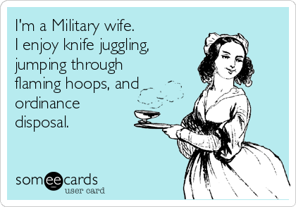 I'm a Military wife.
I enjoy knife juggling,
jumping through
flaming hoops, and
ordinance
disposal.