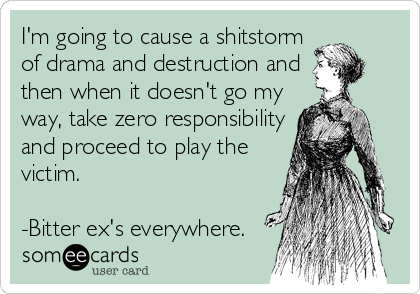 I'm going to cause a shitstorm
of drama and destruction and
then when it doesn't go my
way, take zero responsibility
and proceed to play the
victim.

-Bitter ex's everywhere.