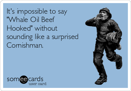 It's impossible to say
"Whale Oil Beef
Hooked" without
sounding like a surprised
Cornishman.