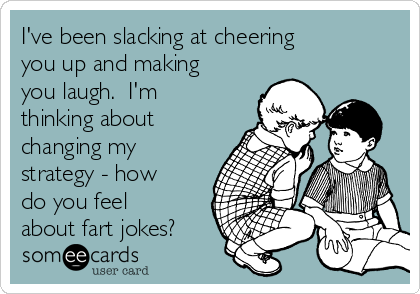 I've been slacking at cheering
you up and making
you laugh.  I'm
thinking about
changing my
strategy - how
do you feel
about fart jokes?