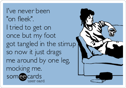 I've never been 
"on fleek".
I tried to get on
once but my foot
got tangled in the stirrup
so now it just drags
me around by one leg,
mocking me.