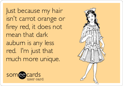 Just because my hair
isn't carrot orange or
firey red, it does not
mean that dark
auburn is any less
red.  I'm just that
much more unique.