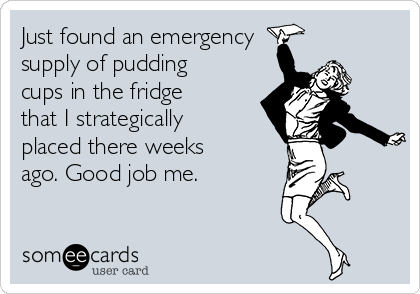 Just found an emergency
supply of pudding
cups in the fridge
that I strategically
placed there weeks
ago. Good job me. 