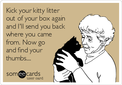 Kick your kitty litter
out of your box again
and I'll send you back
where you came
from. Now go
and find your
thumbs....