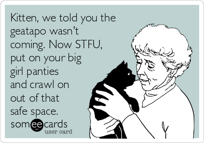 Kitten, we told you the
geatapo wasn't
coming. Now STFU,
put on your big
girl panties
and crawl on
out of that
safe space.