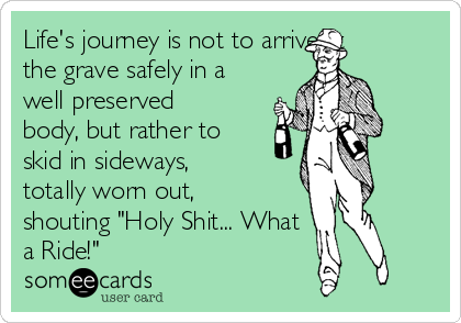 Life's journey is not to arrive at
the grave safely in a
well preserved
body, but rather to
skid in sideways,
totally worn out,
shouting "Holy Shit... What
a Ride!"