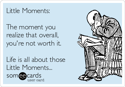 Little Moments:

The moment you
realize that overall,
you're not worth it.

Life is all about those 
Little Moments...