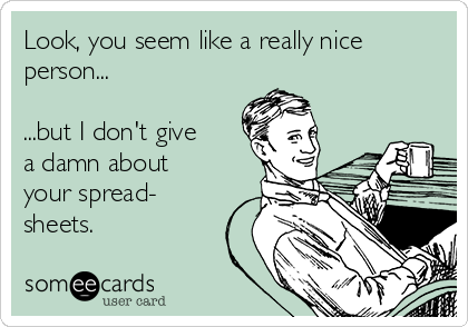 Look, you seem like a really nice
person... 

...but I don't give 
a damn about
your spread-
sheets.