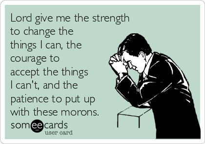 Lord give me the strength 
to change the
things I can, the
courage to
accept the things 
I can't, and the
patience to put up
with these morons.