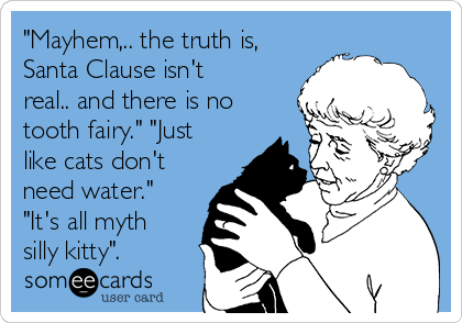 "Mayhem,.. the truth is,
Santa Clause isn't
real.. and there is no
tooth fairy." "Just
like cats don't
need water."
"It's all myth
silly kitty".