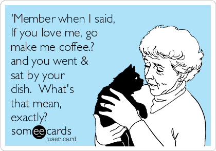 'Member when I said,
If you love me, go
make me coffee.?
and you went &
sat by your
dish.  What's
that mean,
exactly?