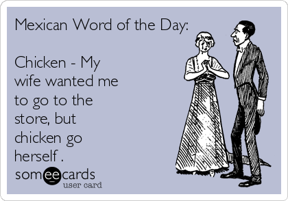 Mexican Word of the Day:

Chicken - My
wife wanted me
to go to the
store, but
chicken go
herself .