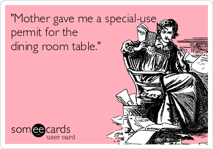 "Mother gave me a special-use
permit for the
dining room table."