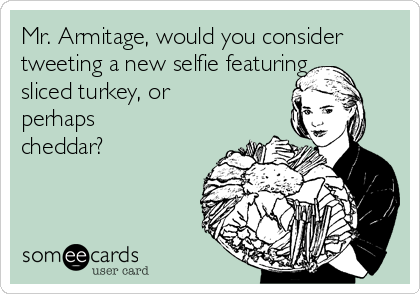 Mr. Armitage, would you consider
tweeting a new selfie featuring
sliced turkey, or
perhaps
cheddar? 