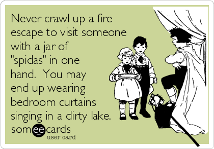 Never crawl up a fire
escape to visit someone
with a jar of
"spidas" in one
hand.  You may
end up wearing 
bedroom curtains
singing in a dirty lake.