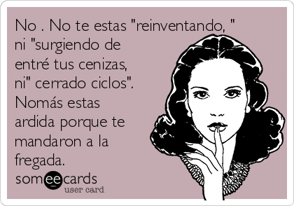 No . No te estas "reinventando, "
ni "surgiendo de
entré tus cenizas,
ni" cerrado ciclos".
Nomás estas
ardida porque te
mandaron a la
fregada.