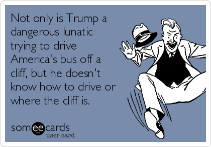 Not only is Trump a 
dangerous lunatic
trying to drive
America's bus off a
cliff, but he doesn't
know how to drive or
where the cliff is.