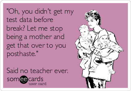 "Oh, you didn't get my
test data before
break? Let me stop
being a mother and
get that over to you
posthaste."

Said no teacher ever.
