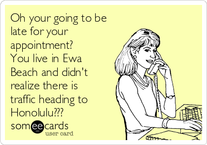 Oh your going to be
late for your
appointment?
You live in Ewa
Beach and didn't
realize there is
traffic heading to
Honolulu???