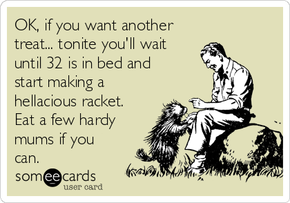 OK, if you want another 
treat... tonite you'll wait
until 32 is in bed and
start making a
hellacious racket.
Eat a few hardy
mums if you
can.