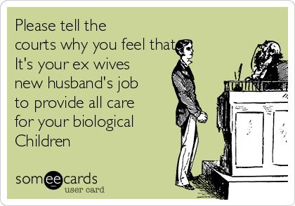 Please tell the
courts why you feel that
It's your ex wives
new husband's job
to provide all care
for your biological
Children