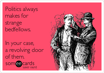 Politics always
makes for
strange
bedfellows.

In your case, 
a revolving door
of them.  