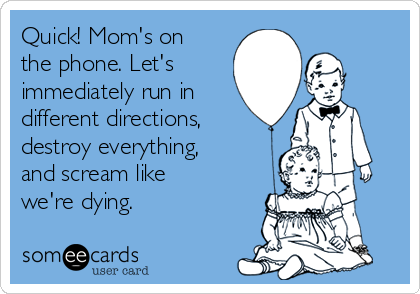 Quick! Mom's on
the phone. Let's
immediately run in
different directions,
destroy everything,
and scream like
we're dying. 