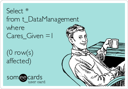 Select * 
from t_DataManagement
where
Cares_Given =1

(0 row(s)
affected)