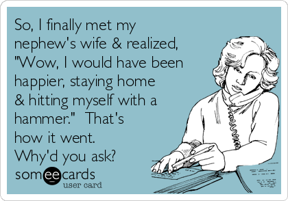 So, I finally met my
nephew's wife & realized,
"Wow, I would have been
happier, staying home
& hitting myself with a
hammer."  That's
how it went. 
Why'd you ask?