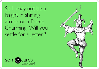 So I  may not be a
knight in shining
armor or a Prince
Charming. Will you
settle for a Jester ?