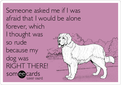 Someone asked me if I was
afraid that I would be alone
forever, which
I thought was
so rude
because my
dog was
RIGHT THERE!