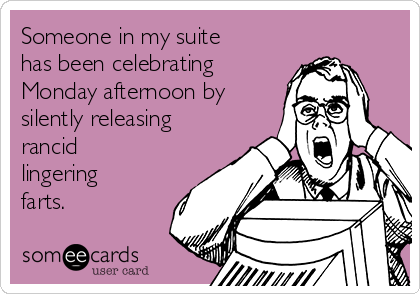 Someone in my suite
has been celebrating
Monday afternoon by
silently releasing
rancid
lingering
farts.