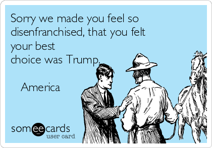 Sorry we made you feel so
disenfranchised, that you felt
your best
choice was Trump.

❤️ America