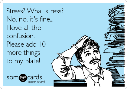 Stress? What stress? 
No, no, it's fine... 
I love all the
confusion. 
Please add 10
more things
to my plate!
