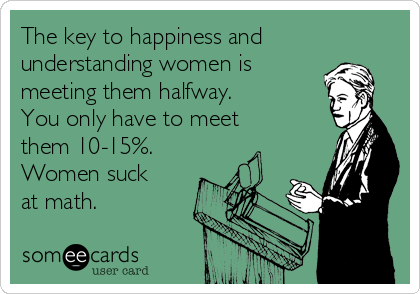 The key to happiness and
understanding women is
meeting them halfway. 
You only have to meet
them 10-15%.  
Women suck
at math.