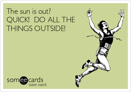 The sun is out? 
QUICK!  DO ALL THE
THINGS OUTSIDE!