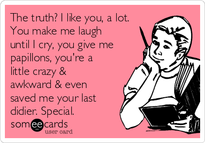 The truth? I like you, a lot.
You make me laugh
until I cry, you give me
papillons, you're a
little crazy &
awkward & even
saved me your last
didier. Special. 