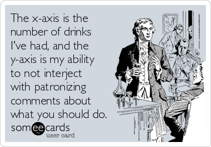 The x-axis is the
number of drinks
I've had, and the
y-axis is my ability
to not interject
with patronizing
comments about
what you should do.