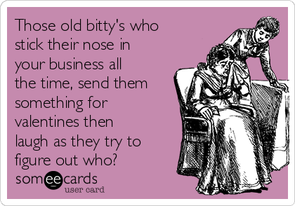 Those old bitty's who
stick their nose in
your business all
the time, send them
something for
valentines then
laugh as they try to
figure out who? 