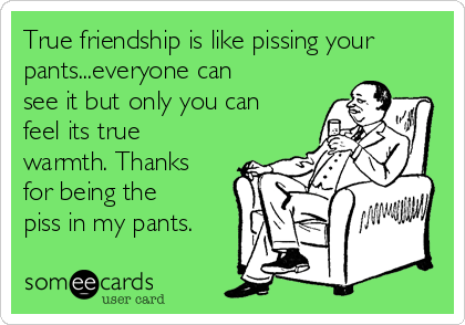 True friendship is like pissing your
pants...everyone can
see it but only you can
feel its true
warmth. Thanks
for being the
piss in my pants.