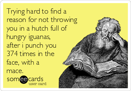 Trying hard to find a
reason for not throwing
you in a hutch full of
hungry iguanas,
after i punch you
374 times in the
face, with a
mace.