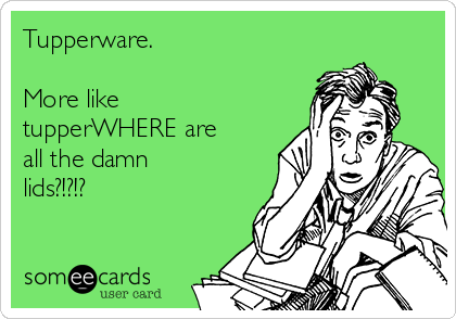 Tupperware.

More like
tupperWHERE are
all the damn
lids?!?!?